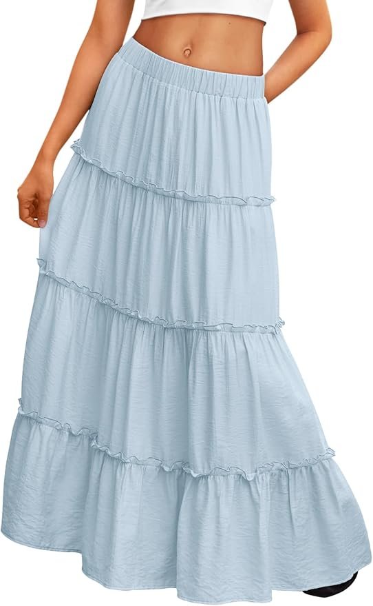 Boho Tiered Maxi Skirts with Elastic Waist and Pockets