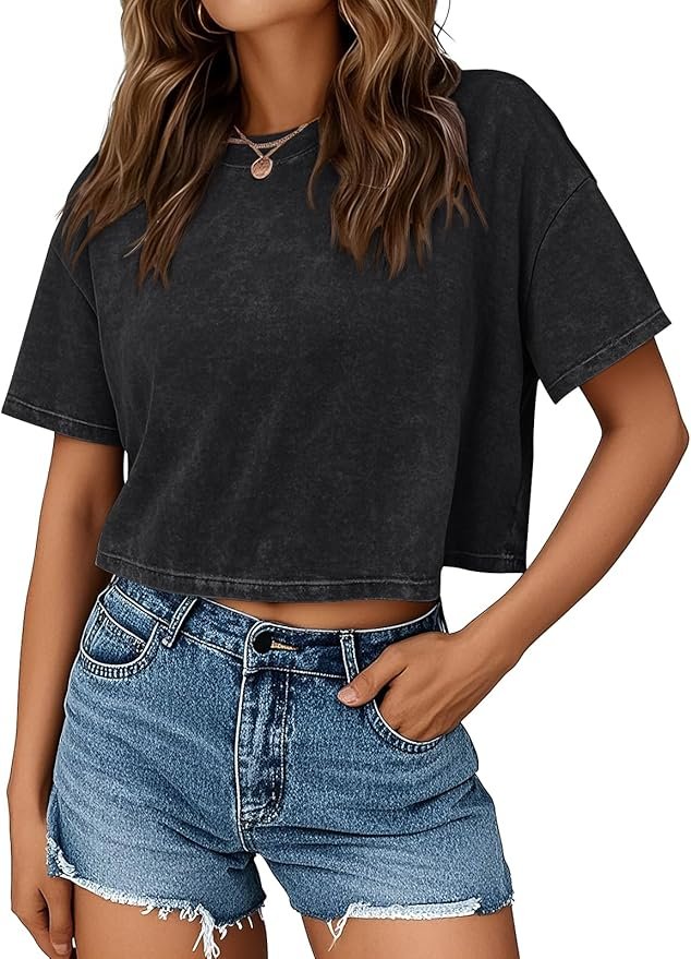 Acid Wash Short Sleeve Crop Tops in Soft Baggy Fit