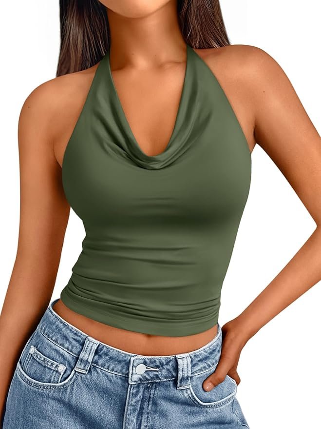 Cowl Neck Halter Crop Tops with Backless Y2K Design